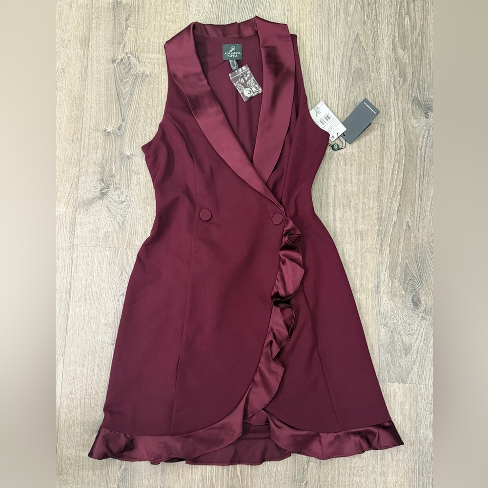 Adrianna Papell Burgundy Ruffle Cabernet Dress Size 8 - Picture 2 of 14